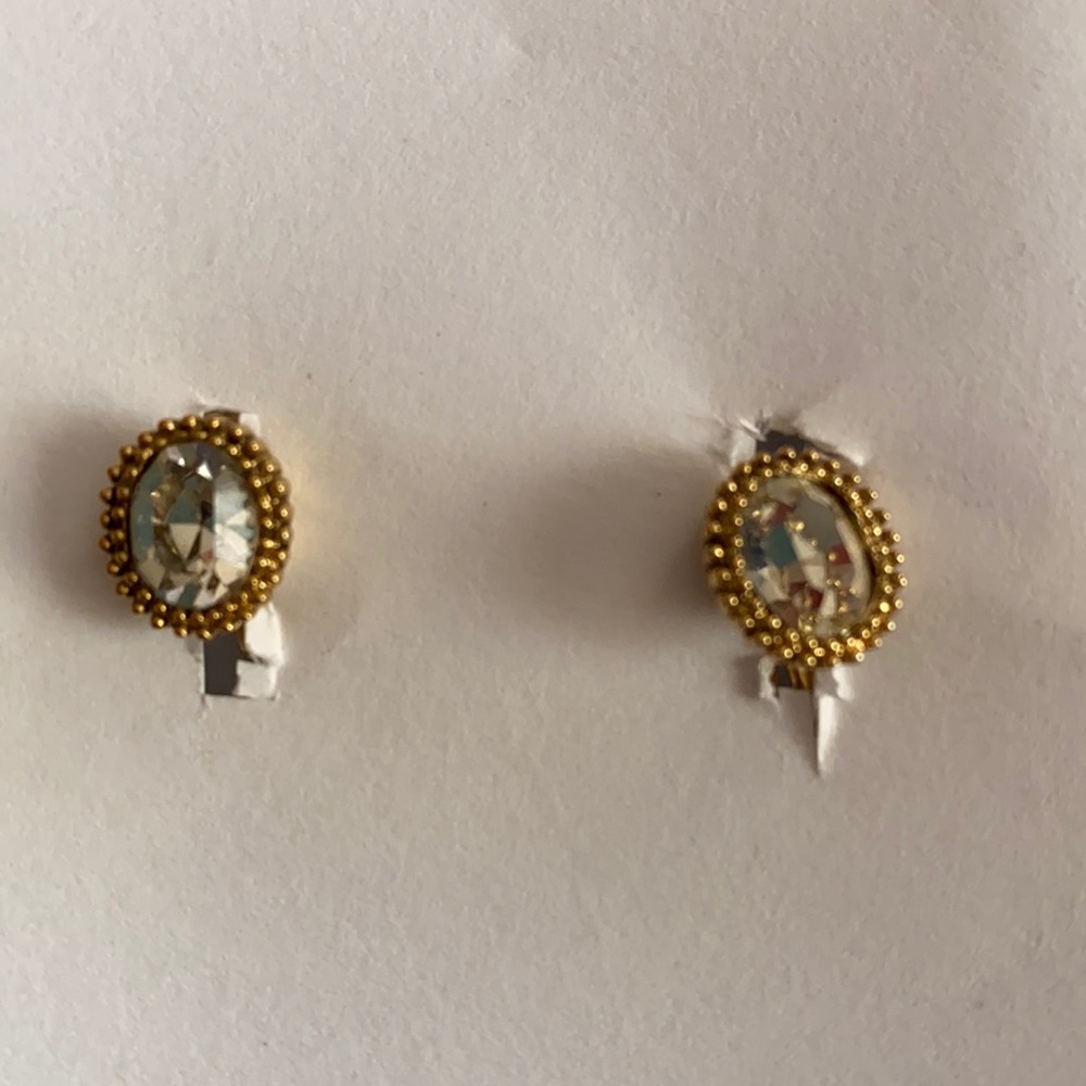 Oval Gold Toned Filigree & Crystal Clip Earrings